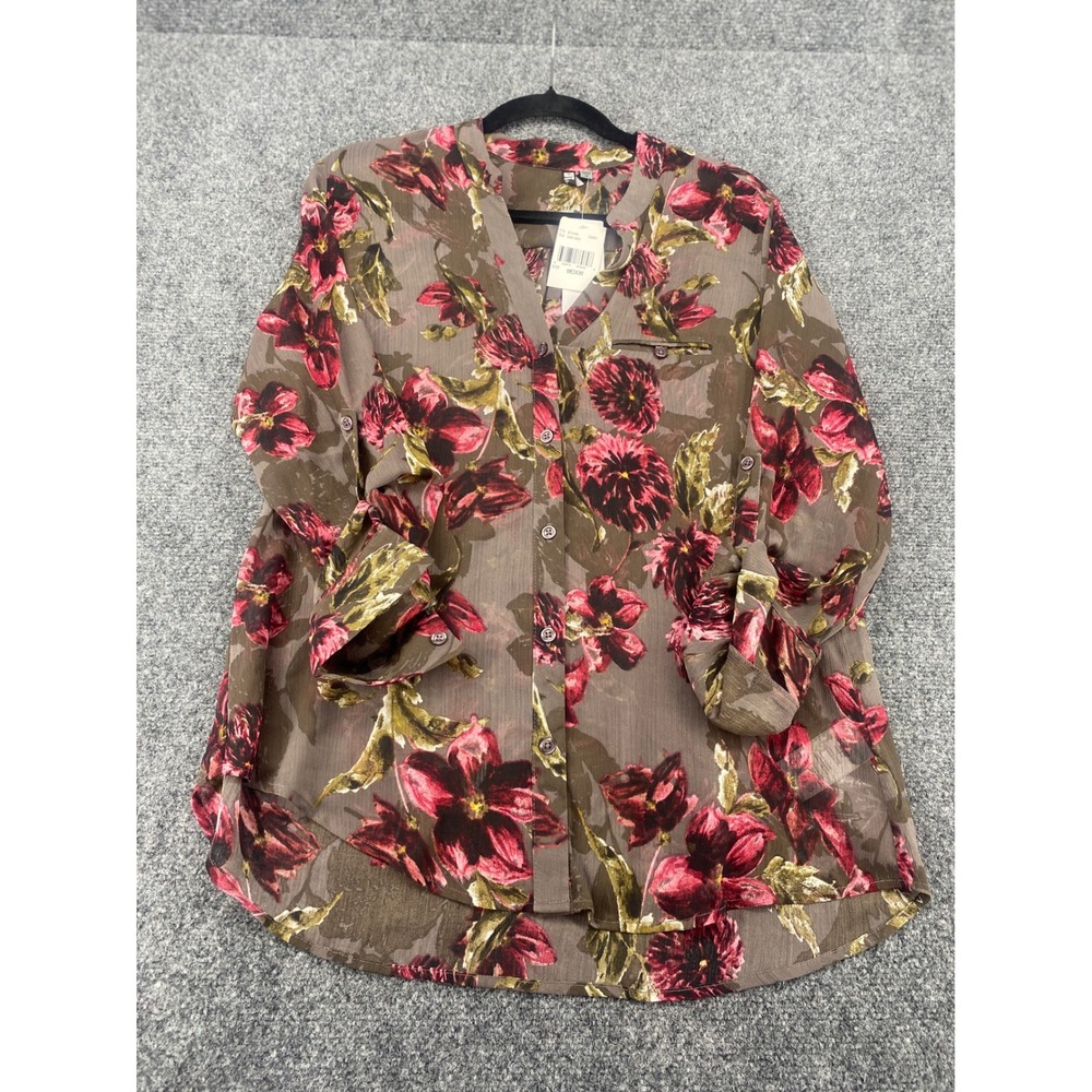 KUT from the Kloth Floral Blouse Womens Medium Grey Pink Roll Tab NWT ST10106
